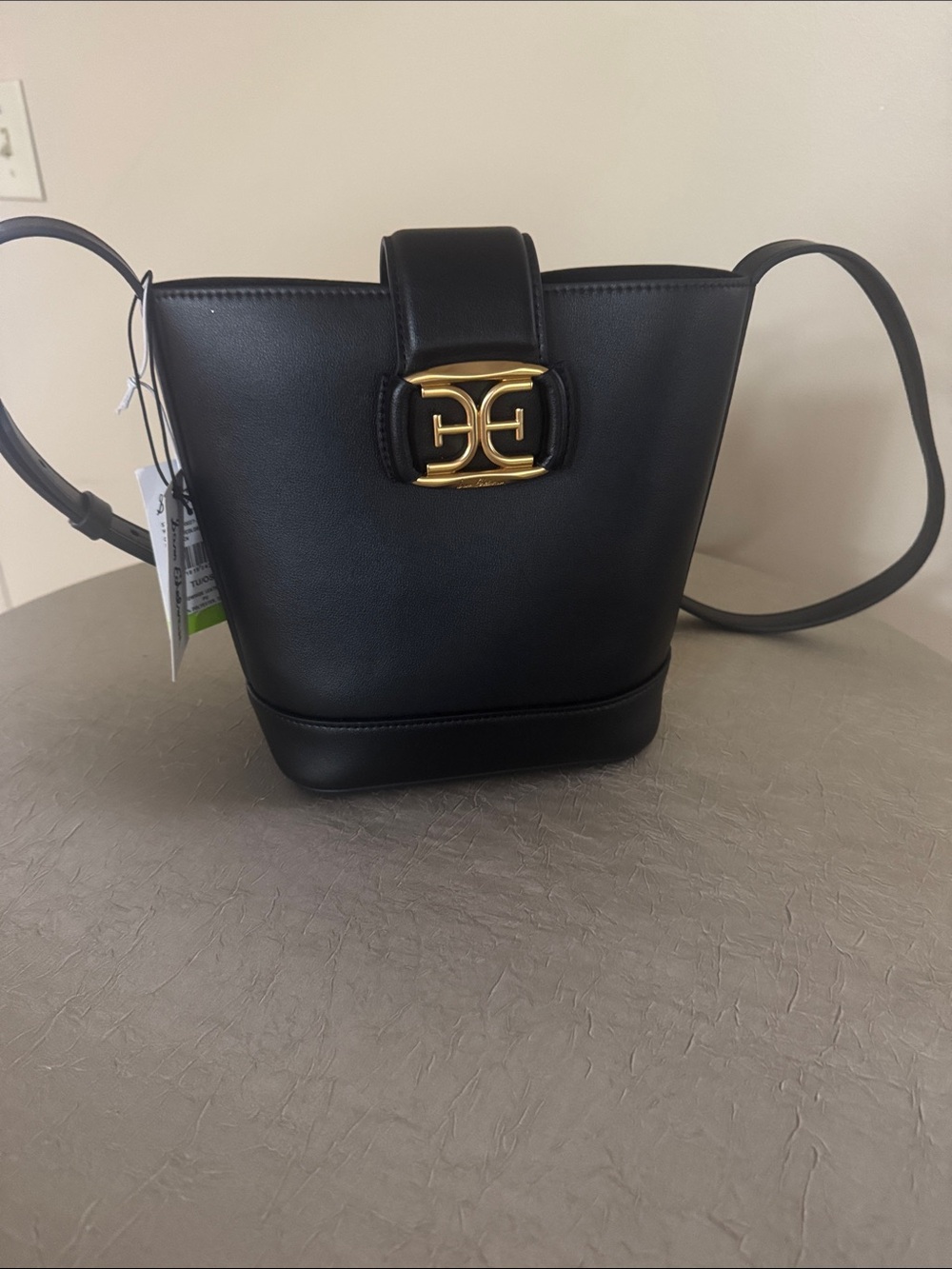 Sam Edelman Black Leather Crossbody Bucket Bag with Gold Hardware